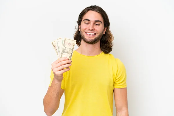 Νεαρός Όμορφος Άντρας Παίρνει Πολλά Χρήματα Απομονωμένος Λευκό Φόντο Χαρούμενη — Φωτογραφία Αρχείου