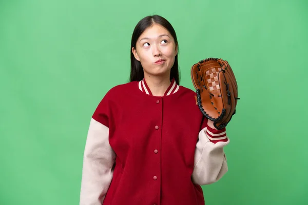Young Asian Woman Baseball Glove Isolated Background Looking — Stockfoto