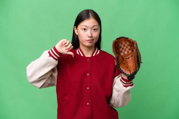 Young Asian Woman Baseball Glove Isolated Background Showing Thumb Negative — 스톡 사진