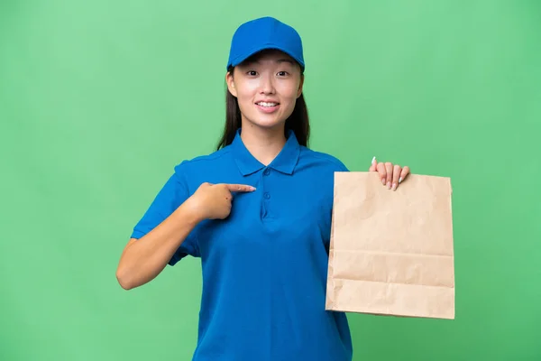 Young Asian Woman Taking Bag Takeaway Food Isolated Background Surprise — Fotografia de Stock
