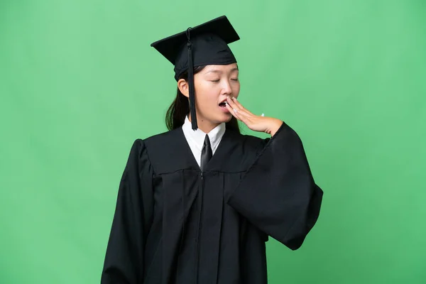 Young University Graduate Asian Woman Isolated Background Yawning Covering Wide — Stock Photo, Image