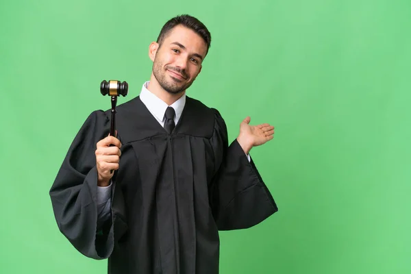 Judge Caucasian Man Isolated Background Extending Hands Side Inviting Come — Stock Photo, Image