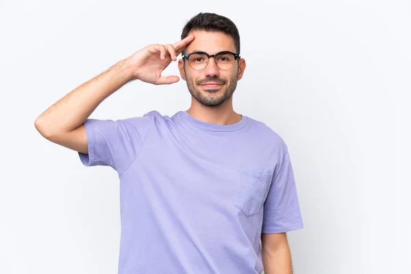Young Caucasian Man Isolated White Background Saluting Hand Happy Expression — Stock Photo, Image