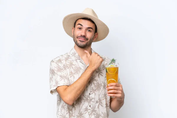 Young Caucasian Man Holding Cocktail Isolated White Background Proud Self — Stock Photo, Image