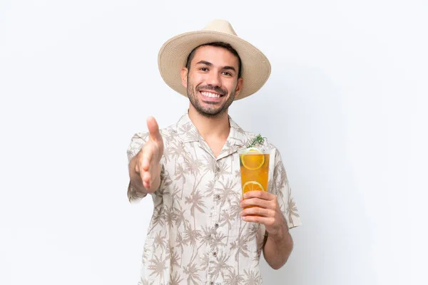 Young Caucasian Man Holding Cocktail Isolated White Background Shaking Hands — Stock Photo, Image