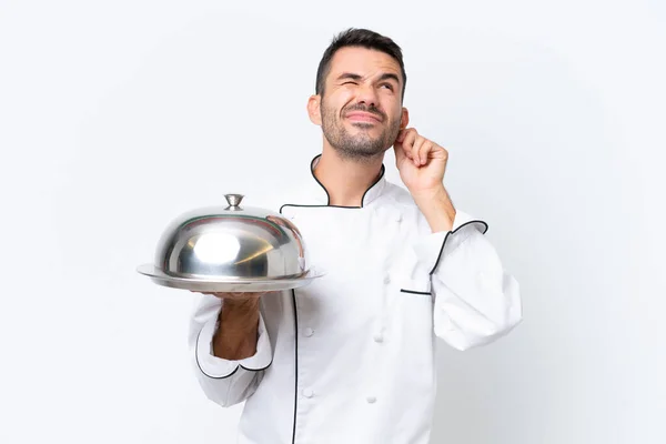 Young Chef Tray Isolated White Background Frustrated Covering Ears — стоковое фото
