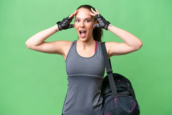 Young Sport Woman Sport Bag Isolated Background Surprise Expression — Stock Photo, Image