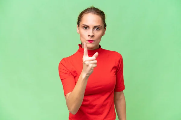 Young Caucasian Woman Isolated Background Frustrated Pointing Front — Stock Photo, Image