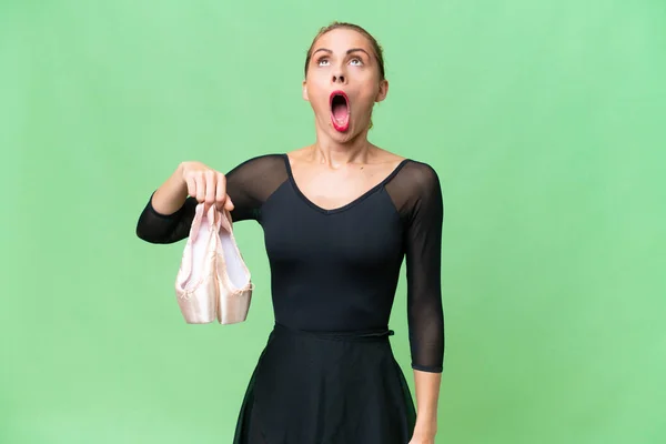 Young Caucasian Woman Practicing Ballet Isolated Background Looking Surprised Expression — Stock Photo, Image