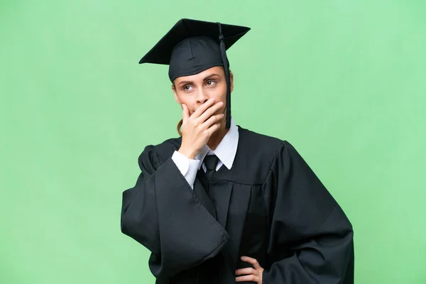 Young University Graduate Caucasian Woman Isolated Background Having Doubts Confuse — Stockfoto