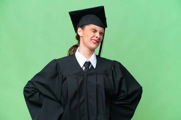 Jovem Universitária Pós Graduação Mulher Caucasiana Sobre Fundo Isolado Sofrendo — Fotografia de Stock