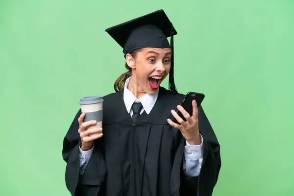Young University Graduate Caucasian Woman Isolated Background Holding Coffee Take — Fotografia de Stock