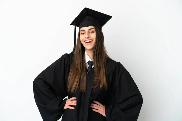 Mladá Univerzita Absolvent Izolované Bílém Pozadí Pózovat Pažemi Kyčli Usmívat — Stock fotografie