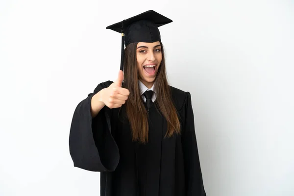 Νεαρός Απόφοιτος Πανεπιστημίου Απομονωμένος Λευκό Φόντο Αντίχειρες Επάνω Επειδή Κάτι — Φωτογραφία Αρχείου