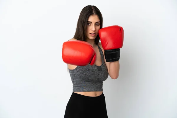Young Caucasian Woman Isolated White Background Boxing Gloves — Stock Photo, Image