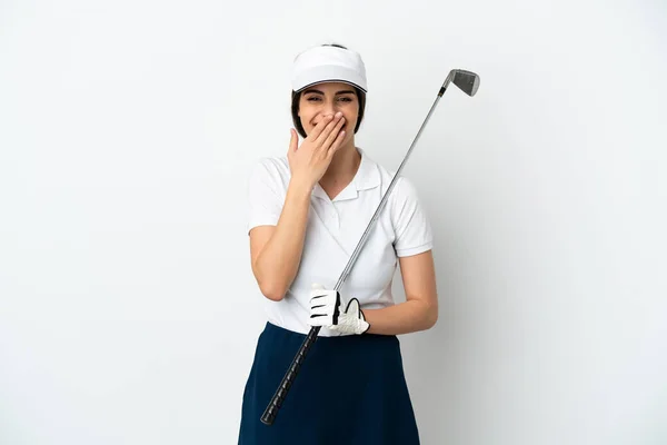 年轻英俊的高尔夫球手女人 背景洁白 个个都很快乐 满脸笑容 双手捂着嘴 — 图库照片