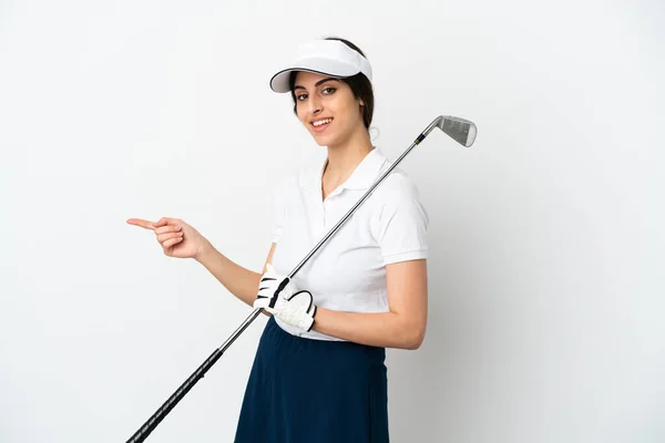 Yakışıklı Genç Golfçü Kadın Beyaz Arka Planda Izole Edilmiş Parmağıyla — Stok fotoğraf