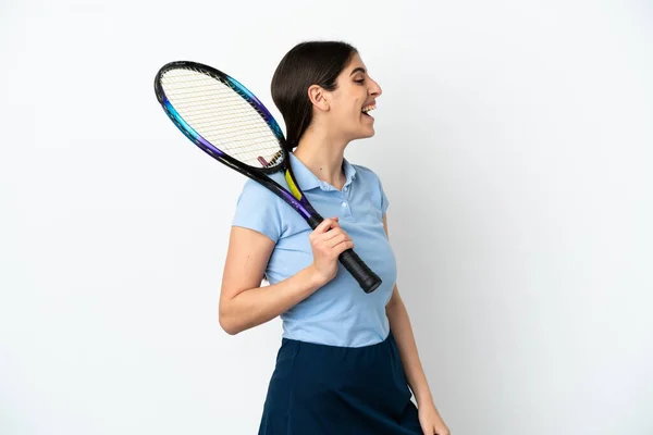 Красива Молода Тенісистка Біла Жінка Ізольована Білому Тлі Сміючись Бічному — стокове фото