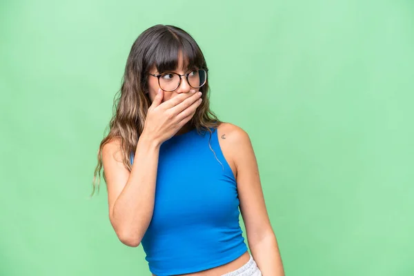 Young Caucasian Woman Isolated Background Doing Surprise Gesture While Looking — Stock Photo, Image