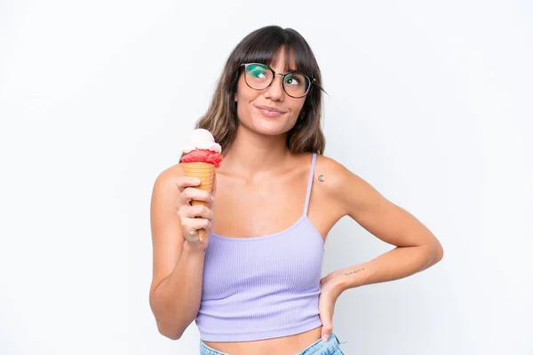 Young Caucasian Woman Cornet Ice Cream Isolated White Background Thinking — Fotografia de Stock
