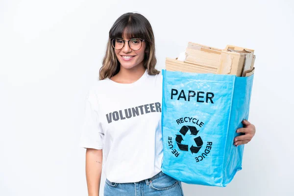 Young Caucasian Woman Holding Recycling Bag Full Paper Recycle Isolated — Stok fotoğraf