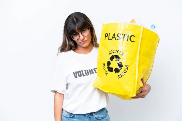 Young Caucasian Woman Holding Bag Full Plastic Bottles Recycle Isolated — Stockfoto