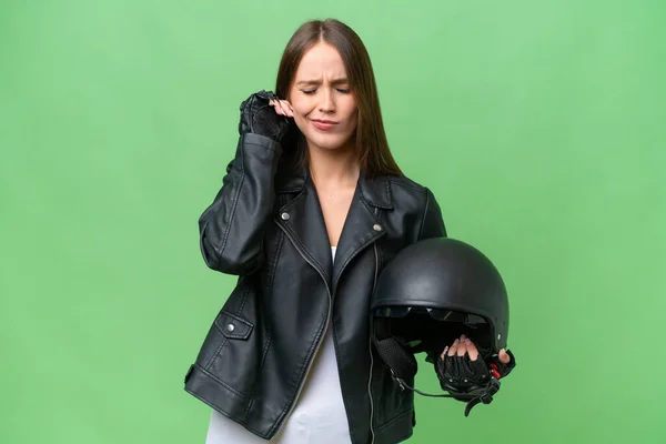Joven Mujer Bastante Caucásica Con Casco Moto Sobre Fondo Aislado — Foto de Stock