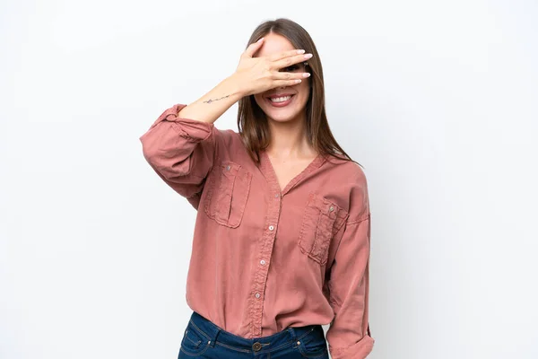 Young Pretty Caucasian Woman Isolated White Background Covering Eyes Hands — Foto de Stock