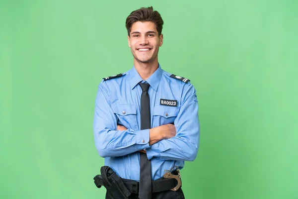 Молодий Поліцейський Над Ізольованим Тлом Тримає Руки Перетнути Лобове Положення — стокове фото