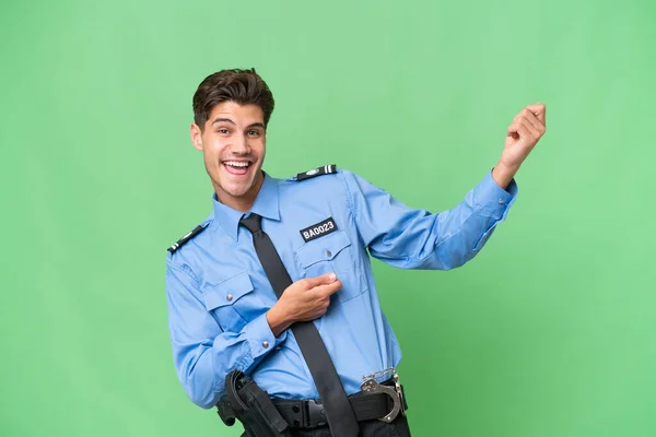 Jonge Politieman Geïsoleerde Achtergrond Maken Gitaar Gebaar — Stockfoto