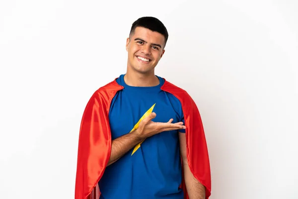 Super Hero Isolated White Background Presenting Idea While Looking Smiling — Stock Photo, Image