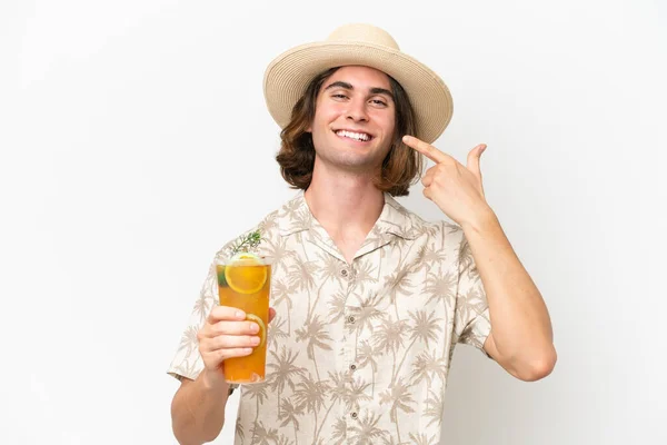 Young Handsome Man Holding Cocktail Isolated White Background Giving Thumbs — Stock Photo, Image