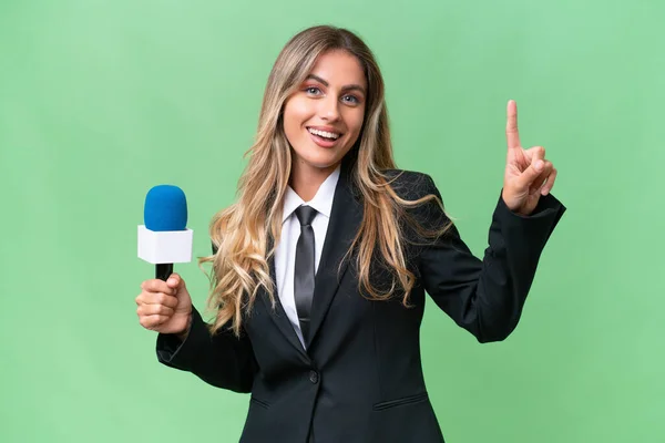 Joven Presentadora Televisión Uruguaya Bonita Sobre Fondo Aislado Mostrando Levantando —  Fotos de Stock