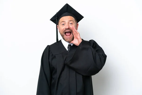 Middle Age University Graduate Man Isolated White Background Surprise Shocked — Stock Photo, Image