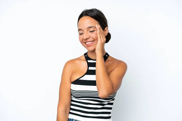 Young Hispanic Woman Isolated White Background Smiling Lot — Fotografia de Stock