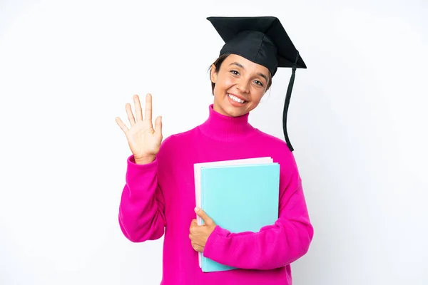 Young Student Hispanic Woman Holding Books Isolated White Background Counting — Stock Photo, Image