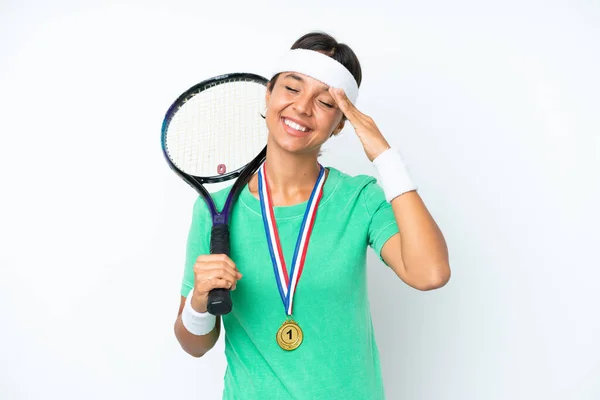 Young Tennis Player Woman Isolated White Background Smiling Lot — Zdjęcie stockowe