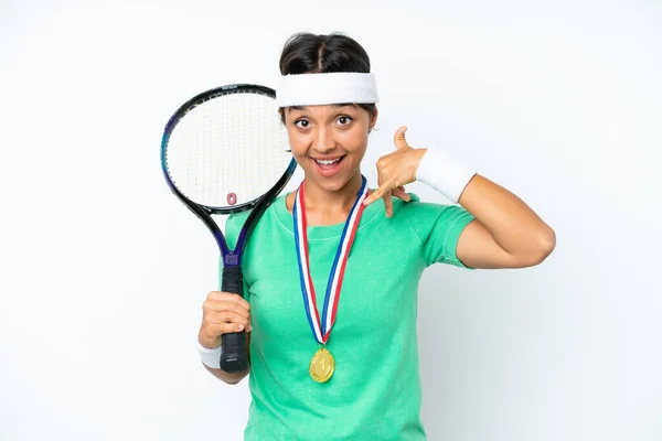 Young Tennis Player Woman Isolated White Background Making Phone Gesture — Stock Photo, Image