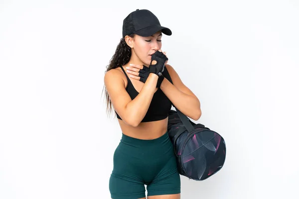 Young Sport Woman Sport Bag Isolated White Background Suffering Cough — Φωτογραφία Αρχείου