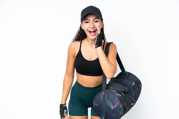 Young Sport Woman Sport Bag Isolated White Background Shouting Mouth — Foto Stock
