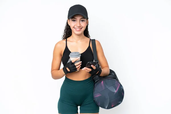 Young Sport Woman Sport Bag Isolated White Background Holding Coffee — Stock fotografie