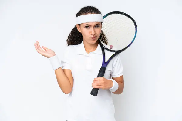 Young Tennis Player Woman Isolated White Background Having Doubts While — ストック写真