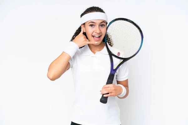 Genç Tenisçi Kadın Beyaz Arka Planda Izole Edilmiş Telefon Jesti — Stok fotoğraf