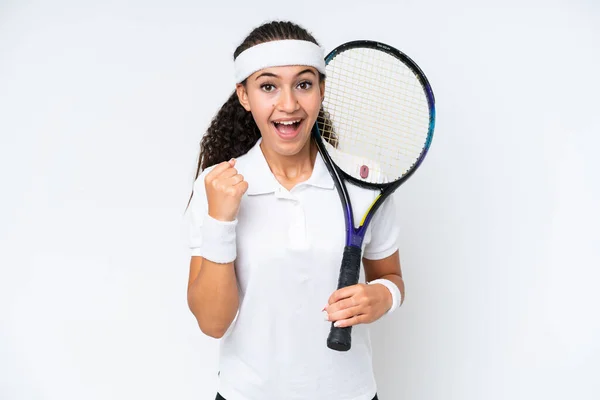 Genç Tenisçi Kadın Beyaz Arka Planda Tek Başına Zaferi Kutluyor — Stok fotoğraf