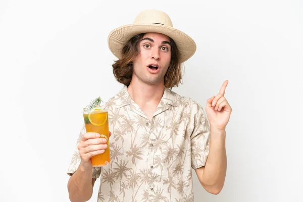 Young Handsome Man Holding Cocktail Isolated White Background Intending Realizes — Stock Photo, Image