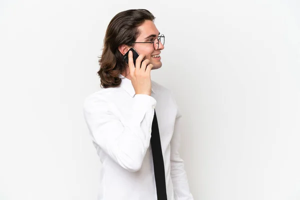 Бізнес Красивий Чоловік Ізольований Білому Тлі Тримаючи Розмову Мобільним Телефоном — стокове фото