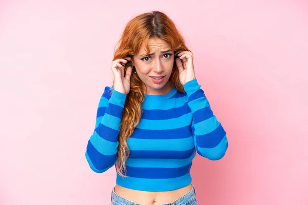 Young Caucasian Woman Isolated Pink Background Frustrated Covering Ears — Stock Photo, Image