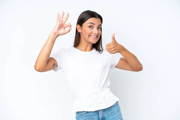 Молодая Белая Женщина Изолирована Белом Фоне Показывая Знак Большой Палец — стоковое фото