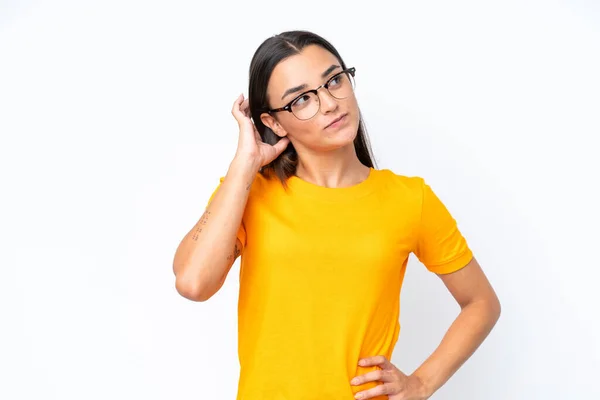 stock image Young caucasian woman isolated on white background thinking an idea