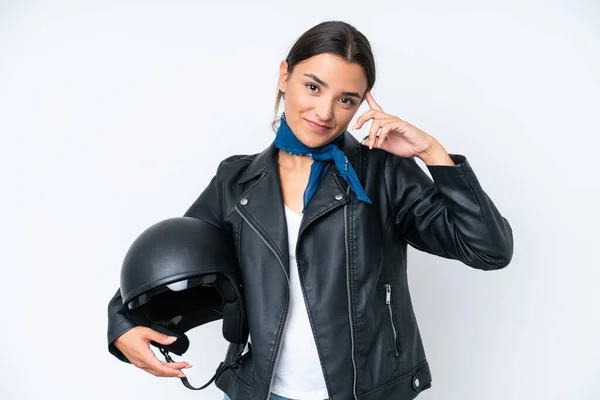 Young Caucasian Woman Motorcycle Helmet Isolated Blue Background Thinking Idea — ストック写真